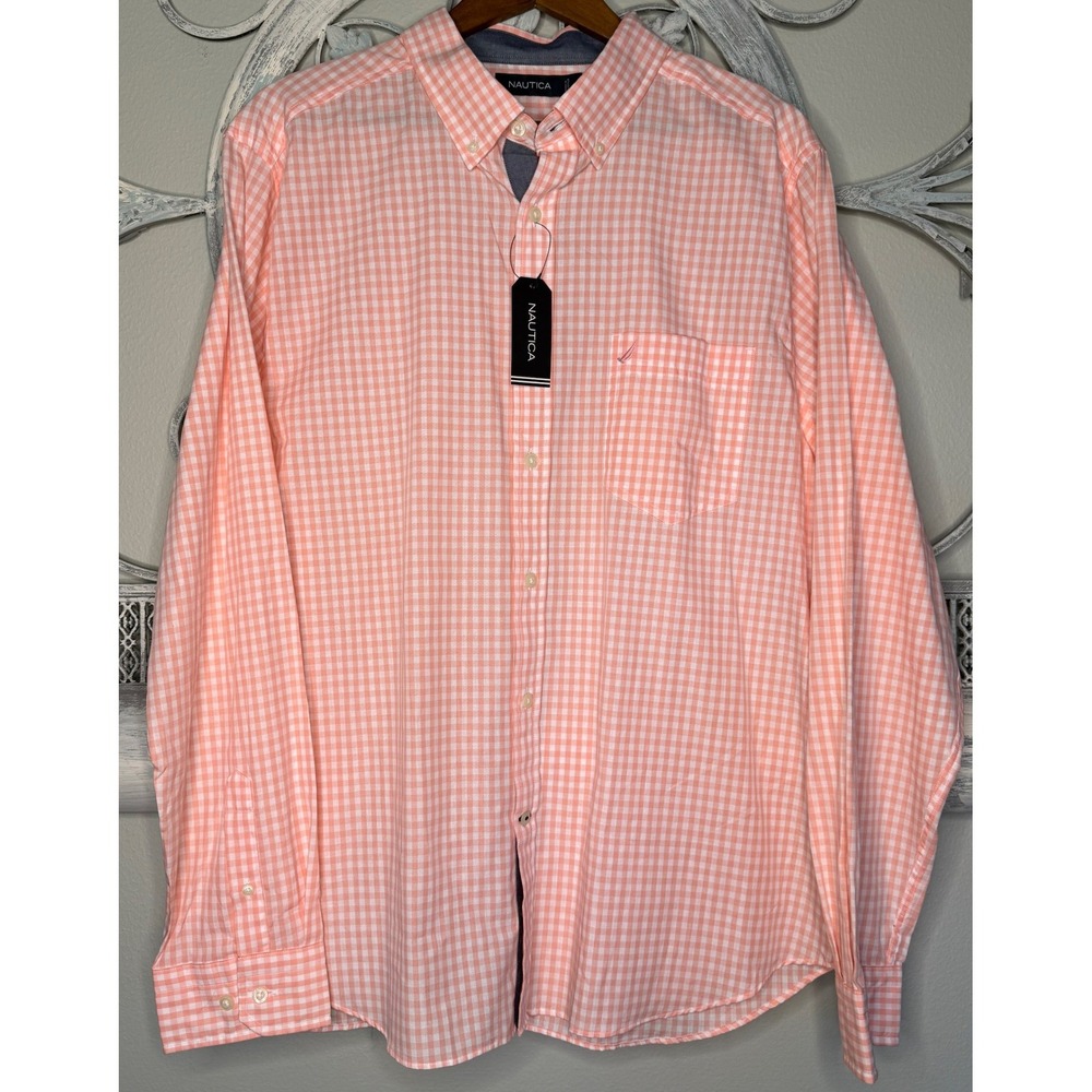 Nautica Mens‎ XL Long Sleeve Gingham Button Down Shirt Pink and White NWT